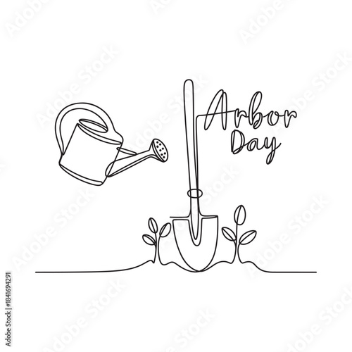 A simple continuous line art illustration celebrating arbor day with gardening tools and plants