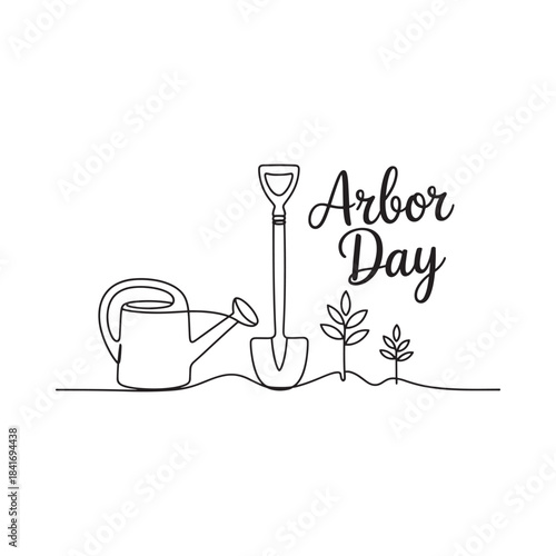 Continuous line art drawing with gardening tools and young plants for arbor day celebration