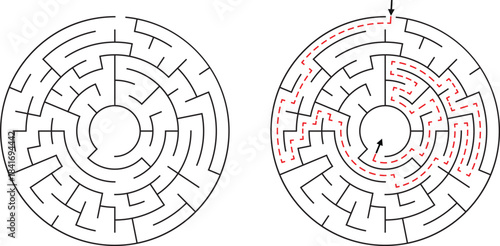 Circular maze with solution path shown in red dashed lines and directional arrows