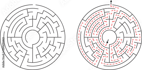 Circular maze with solution path shown in red dashed lines labyrinth puzzle