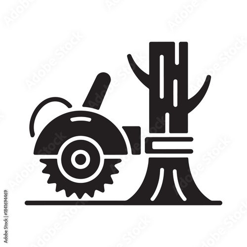 Black glyph icon of a circular saw cutting a tree trunk, representing deforestation and logging