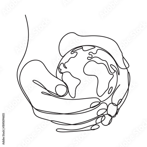 Continuous line art illustration of hands gently holding and protecting the globe, symbolizing care for the environment