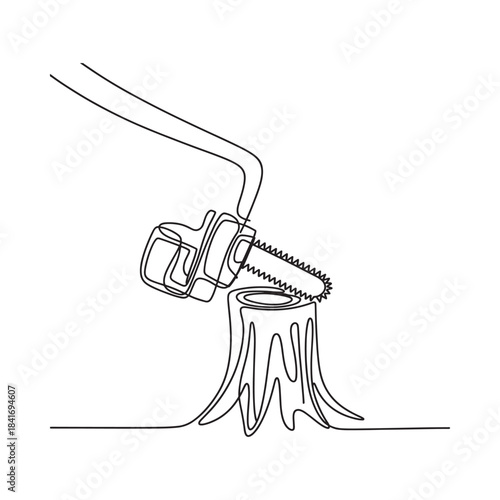 A continuous line drawing of a chainsaw cutting a tree stump, representing deforestation