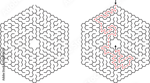 Hexagonal Maze With Solution Path And Arrows labyrinth puzzle