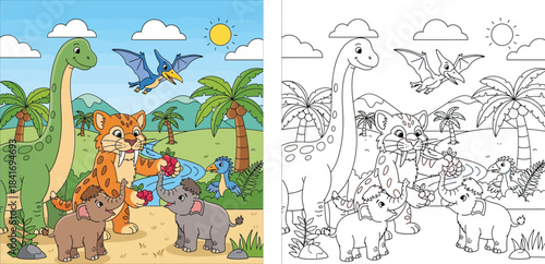 Cute cartoon prehistoric animals with dinosaur saber-toothed tiger and baby mammoths in jungle landscape vector illustration for kids