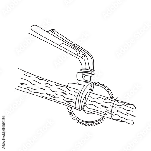 Line art illustration showing a large circular saw blade cutting a thick wooden log