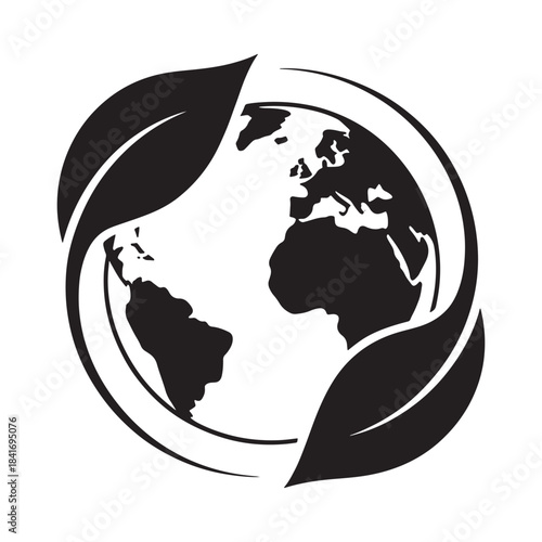 Green earth icon symbol with leaves surrounding the globe representing environmental protection