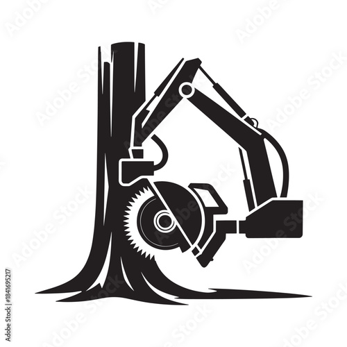 An industrial logging machine felling a large tree with a circular saw attachment