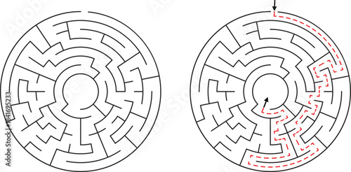Circular Maze Puzzle with a Red Dashed Line Showing the Correct Path labyrinth round