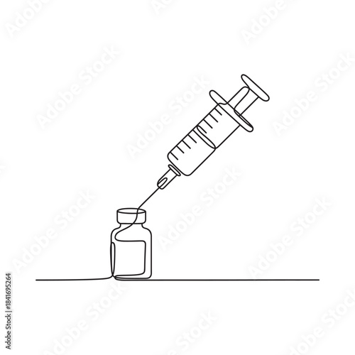 Minimalist single continuous line drawing of a syringe and a medical vial for vaccination concept