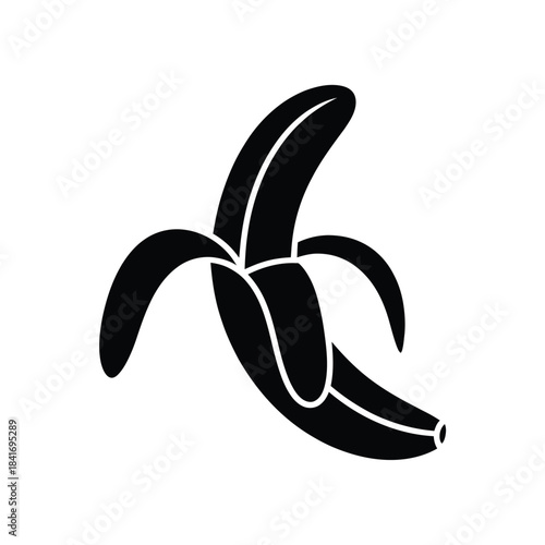 A simple black and white illustration of a partially peeled banana