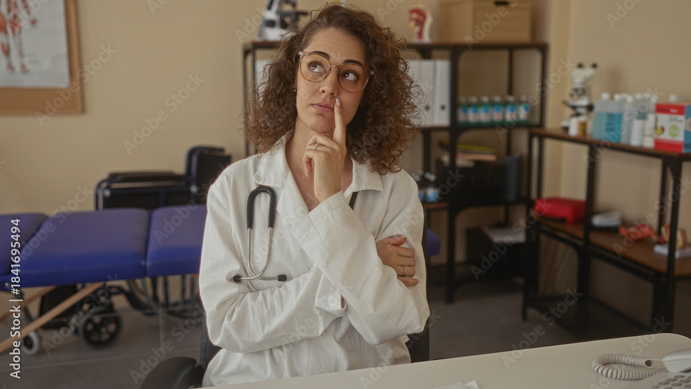 Fototapeta premium Young hispanic woman doctor with stethoscope finger to lips for silence in clinic consultation room; pensive.