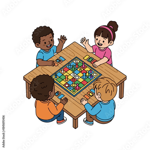 Diverse children happily playing a colorful board game at a wooden table together