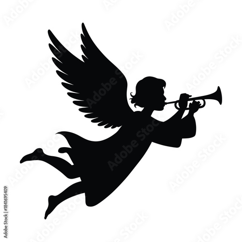 A striking silhouette of an angel playing a trumpet in flight