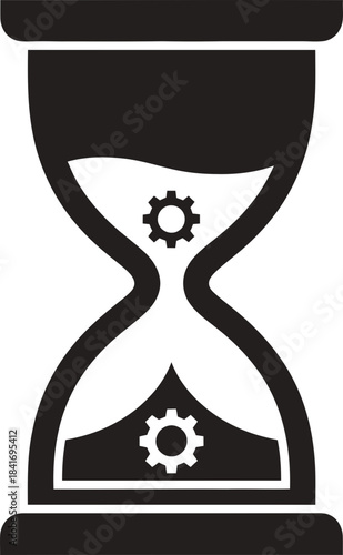 Hourglass icon with flowing gears inside, symbolizing time, process, workflow, and progress. Vector illustration for business, technology, productivity project