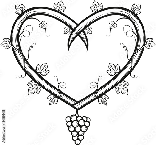 Grapevine heart frame outline with leaf and bunch grape. Love, wine concept. Vector illustration for wedding invitation, menu design