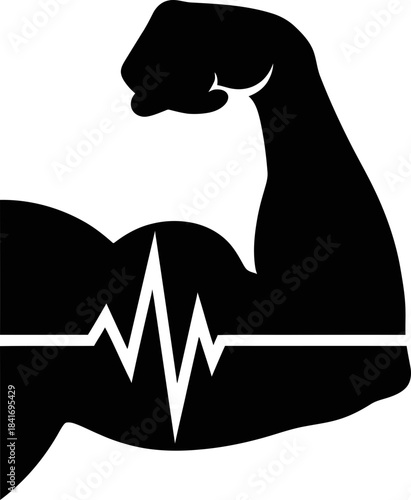 Muscular arm with heartbeat line showing strength and health concept. Power, fitness and body building. Vector icon for sport, gym, medicine