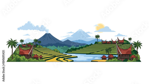 Serene Indonesian Landscape with Rice Terraces, Mountains, and Traditional Houses