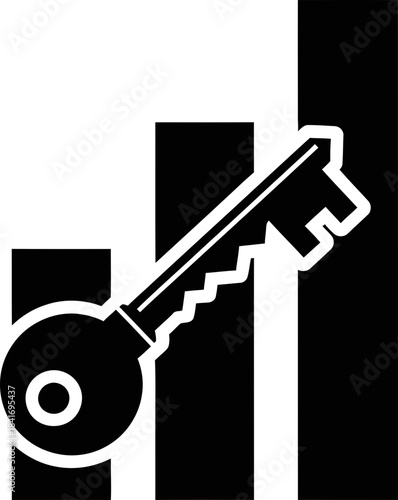 Key icon with abstract bar chart statistics lines. Concept personal data access, privacy, internet security, financial protection. Vector illustration