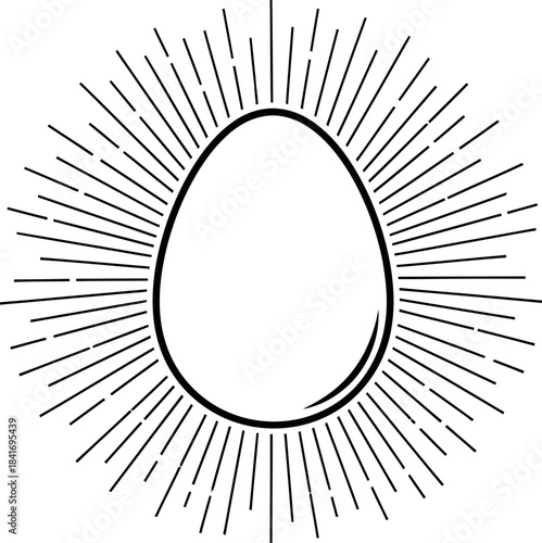 Minimalistic hen egg icon with sunburst effect, symbolizing purity and new beginning. Vector illustration for print, packaging, label design