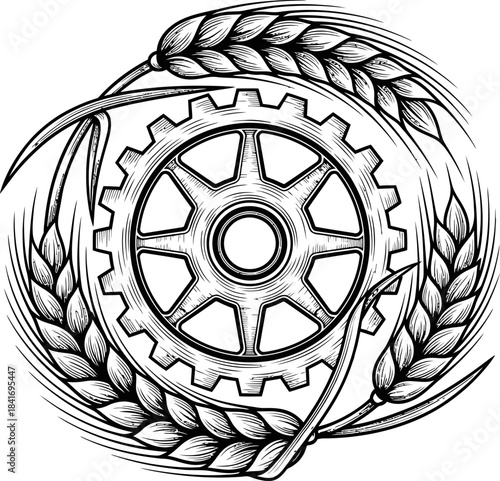 Vintage style gear with wheat ears intertwined around it, representing industry, harvest, agriculture, and labor. Vector illustration for design element