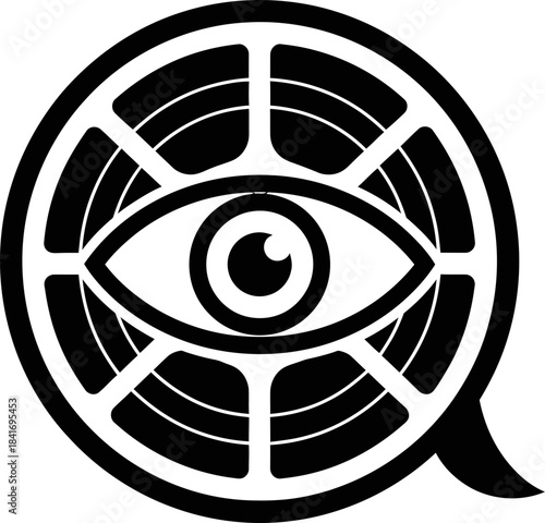 Stylized eye icon inside film reel symbol for vision, movie, surveillance, cinema, creative studio, media concept. Monochrome vector illustration