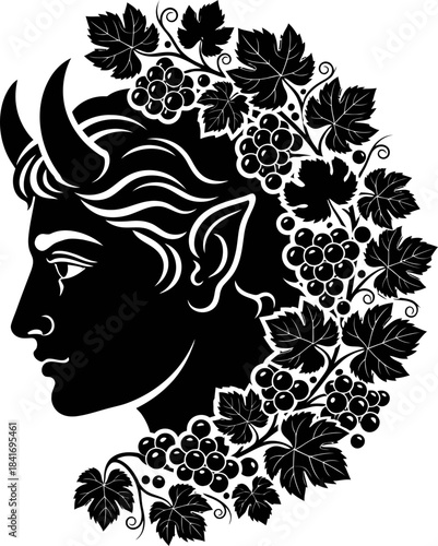 Man with horns, pointy ear, and elaborate grape vine, leaf, and berry hair. Greek god or satyr concept. Flat style vector illustration for logo, emblem or tattoo