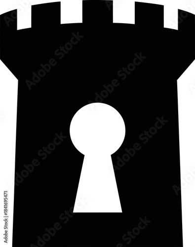 Black tower with a white keyhole in the center. Security and protection concept. Vector icon for app interface