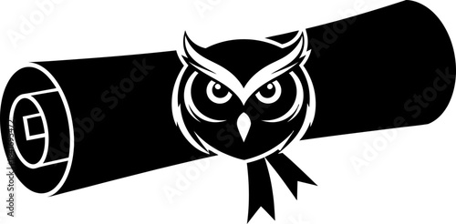 Owl symbol on diploma scroll. Education, learning, knowledge and intelligence concept. Vector icon in flat style for graduation or school design