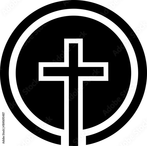 Cross symbol in black circle with opening for religious belief and spiritual design. Vector icon for Christian and church illustration