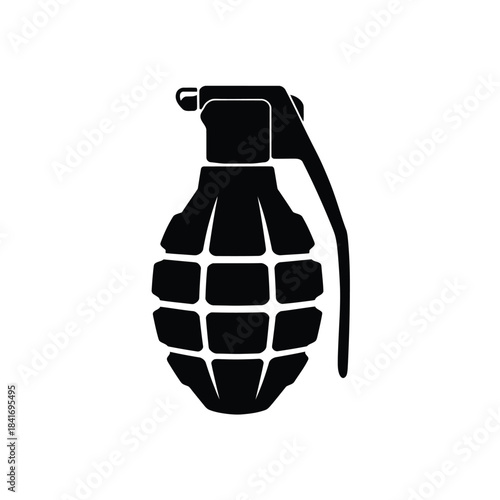 A stark black silhouette depicts a classic hand grenade design