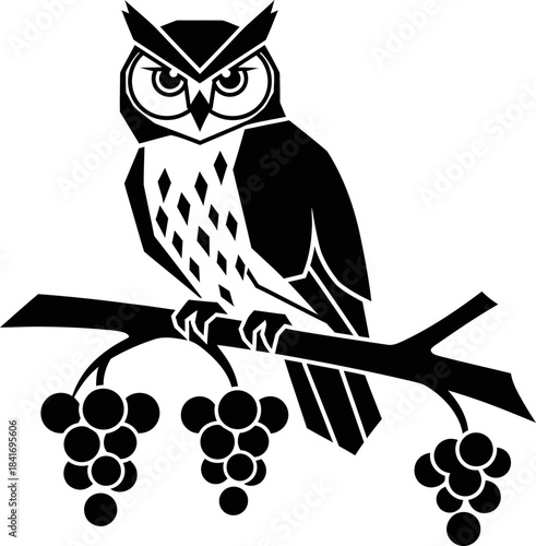 Black and white elegant owl perched on grapevine branch with grape bunches. Heraldry, wisdom, nature concept. Vector illustration
