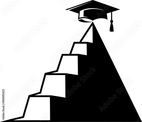 Graduation cap on top of a mountain of steps, symbolizing the journey to academic achievement or success in education. Vector illustration