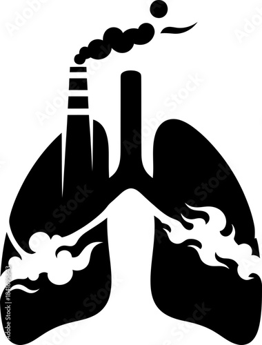 Lung icon with factory pipe emitting smoke on a white background. Air pollution and adverse environmental impact. Vector illustration for web, print design