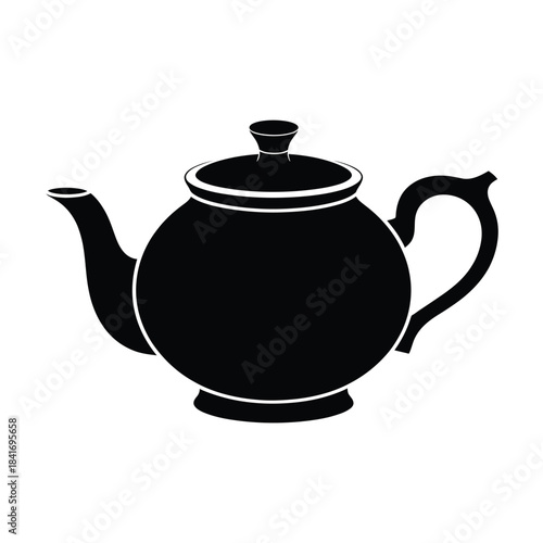 Simple black and white illustration of a rounded teapot with handle and spout