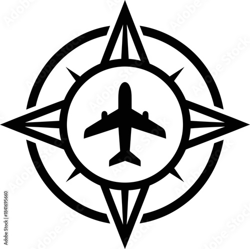 Airplane with compass rose symbol, travel direction concept. Modern flat vector icon isolated on white for web, app, ui, logo