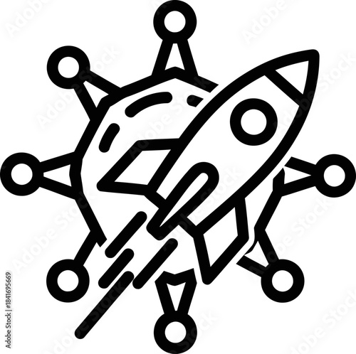 Rocket launching from a virus cell icon, concept of vaccine development or finding cure for disease. Line vector illustration