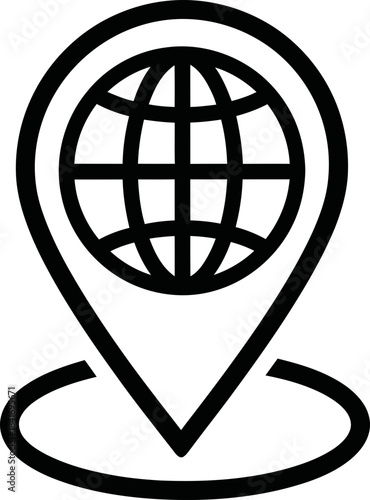 Line art globe with map pin icon. World location symbol for navigation, internet or global business concept on white background. Vector illustration