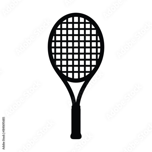 A simple black and white icon depicting a classic tennis racket design