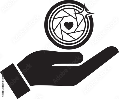Hand holding a camera shutter with a heart inside, concept of photography love. Vector icon for logo, app, website design