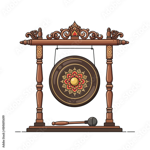 Ornate decorative asian gong with intricate details standing on a wooden frame