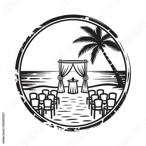 Tropical beach wedding ceremony scene with palm tree silhouette and arch