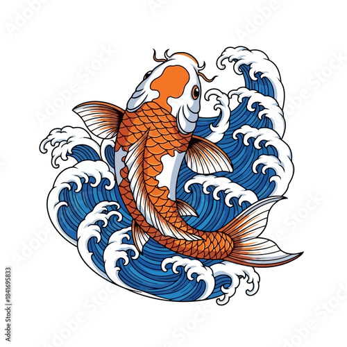 Vibrant Orange Koi Fish Swimming Gracefully Amidst Dynamic Blue Wavy Water Illustration