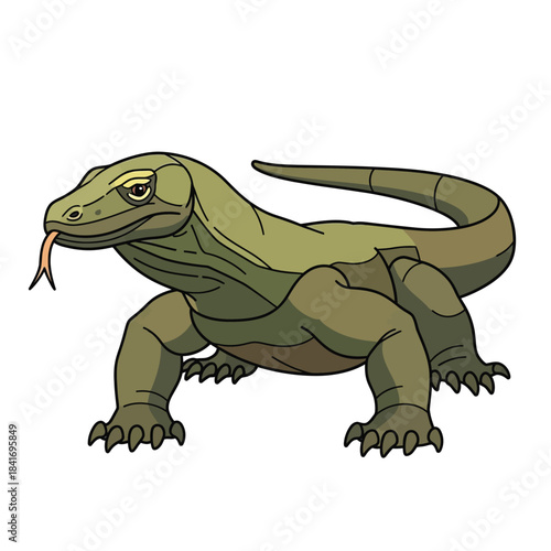 Detailed illustration of a green Komodo dragon with extended tongue