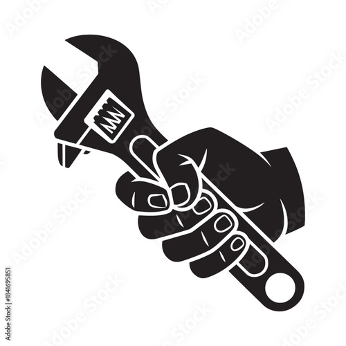 A hand firmly gripping a wrench symbolizing repair and mechanical work