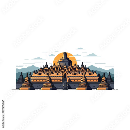 Borobudur Temple Illustration with Sunset in the Background Design