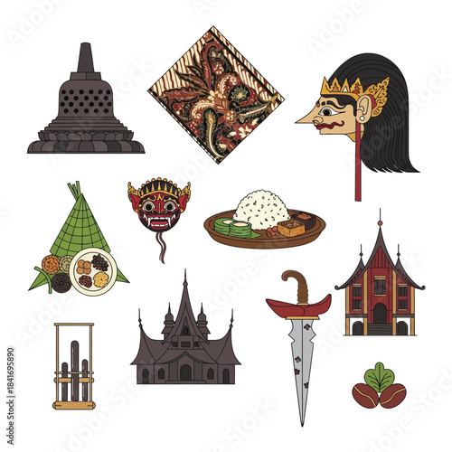 Collection of Indonesian cultural icons featuring food, architecture, and art