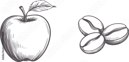 Black and white style of an apple and coffee beans