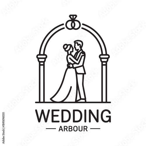 A simple line art illustration of a wedding couple under an arch with rings
