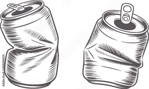 Black and white style of crushed aluminum cans